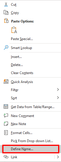 Как присвоить имя диапазону в Microsoft Excel (right click 02 define name)