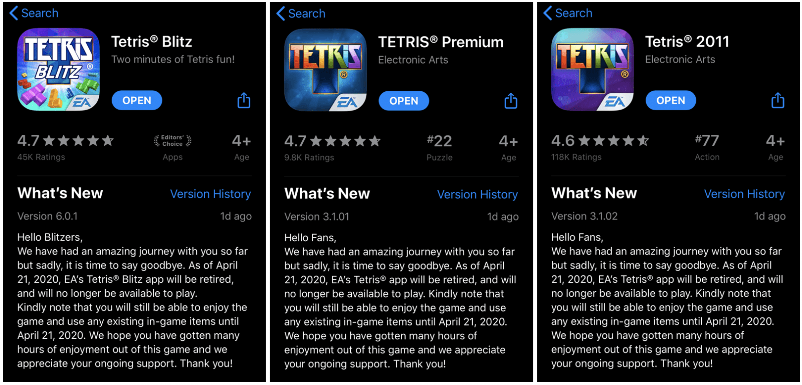 EA прекращает поддержку Tetris'а на iOS-устройствах