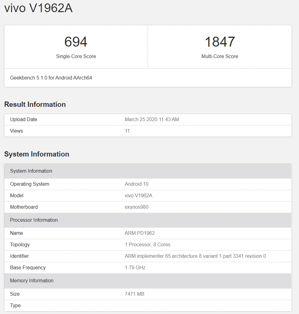 Грядущий смартфон Vivo S6 5G получит чип Exynos 980 vivo-s6-5g-geekbench Грядущий смартфон Vivo S6 5G получит чип Exynos 980