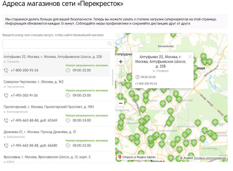 Перекрёсток показывает загруженность супермаркетов онлайн