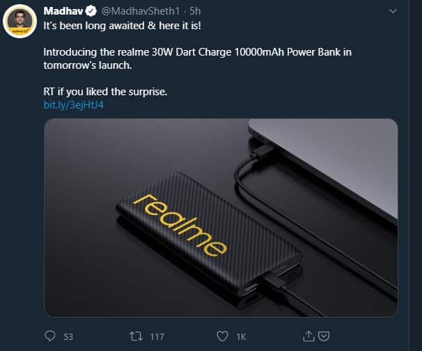 Завтра Realme представит беспроводную зарядку Power Dart Charge на 10000 мАч