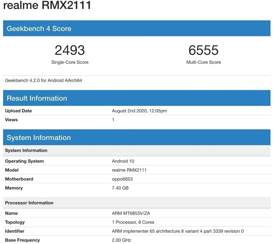 Realme V5 прошёл тестирование Geekbench