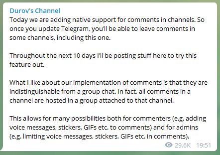 В Telegram-каналах появятся комментарии