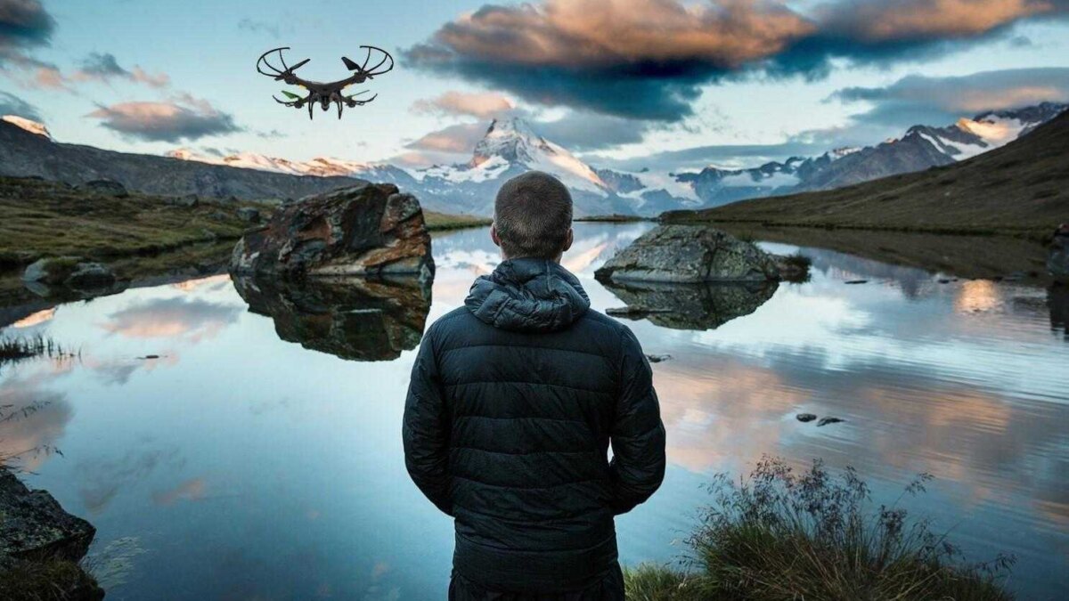 Мужчина в куртке наблюдает за квадрокоптером ARCHOS в горах на берегу реки