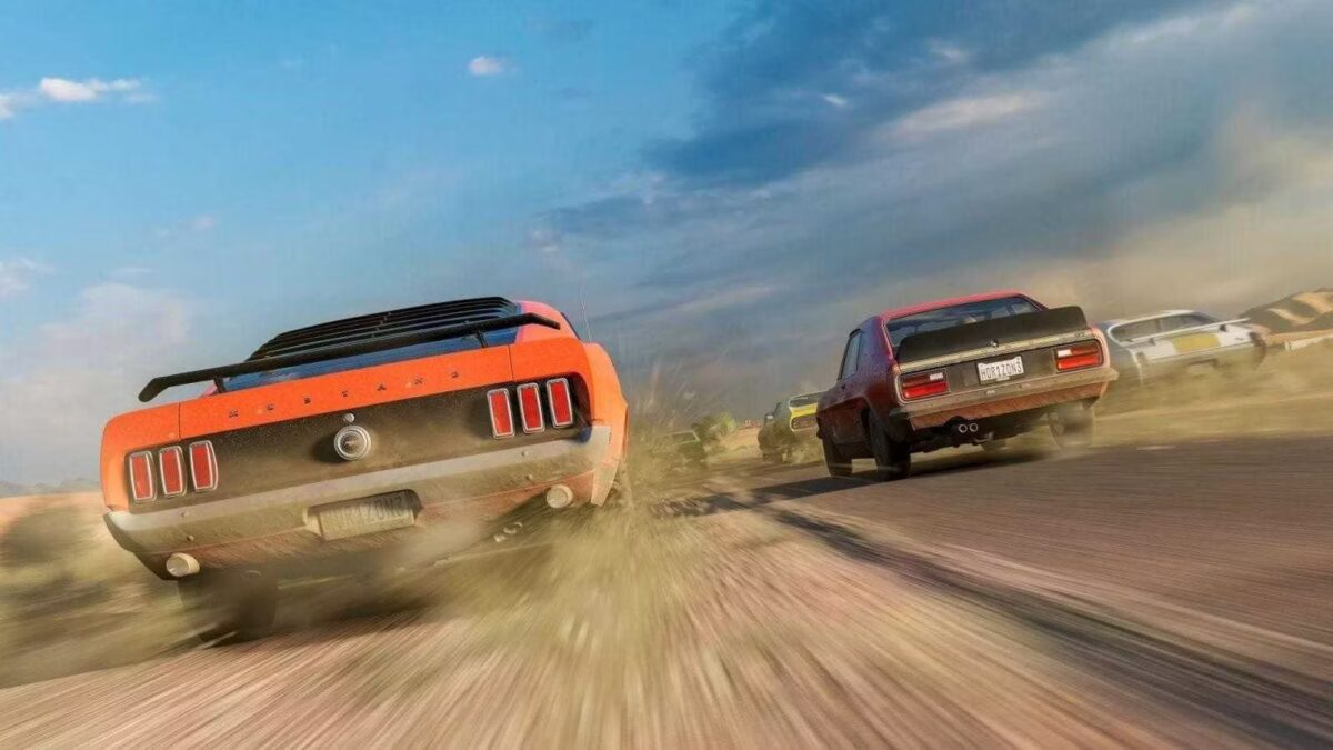 Forza Horizon 3: тестирование производительности 31 Динамичная сцена гонки на автомобилях Ford Mustang и Camaro на дороге в пылу пыльного пейзажа