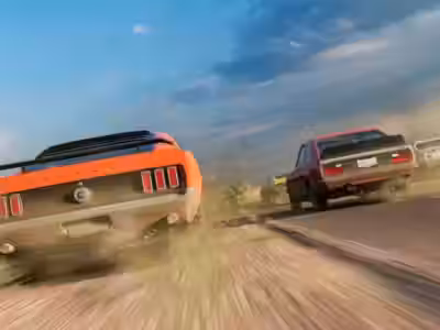 Динамичная сцена гонки на автомобилях Ford Mustang и Camaro на дороге в пылу пыльного пейзажа