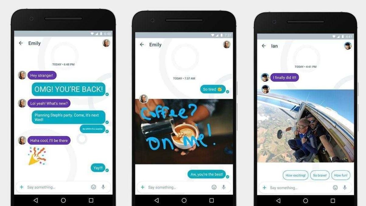 Скриншоты мессенджера Allo на Android и iOS с интерфейсами чатовых окон и фотографий