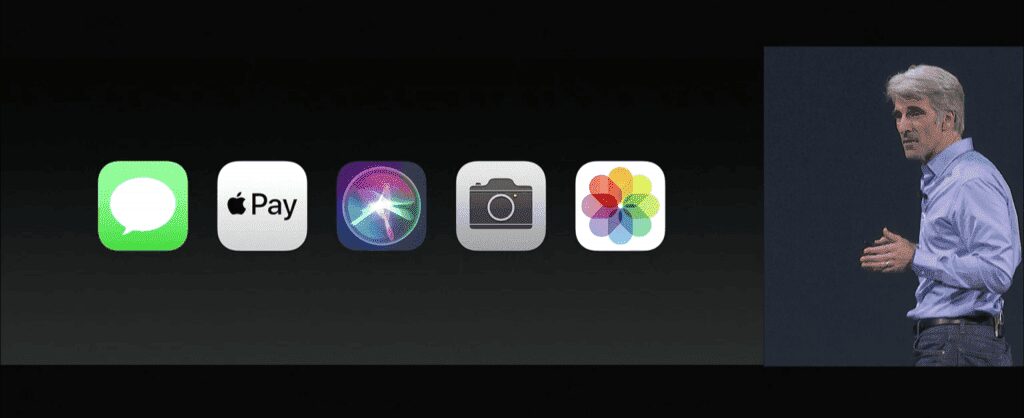 Экран с иконками приложений iOS 11 и спикер на сцене