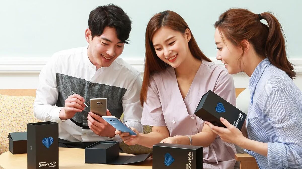 Три женщины обсуждают смартфоны Samsung Galaxy Note FE