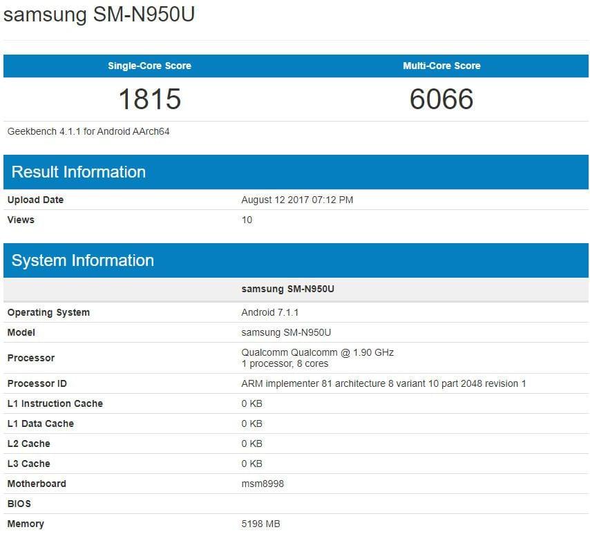 Samsung Galaxy Note 8 с Qualcomm засветился в бенчмарке (Note 8 benchmark)