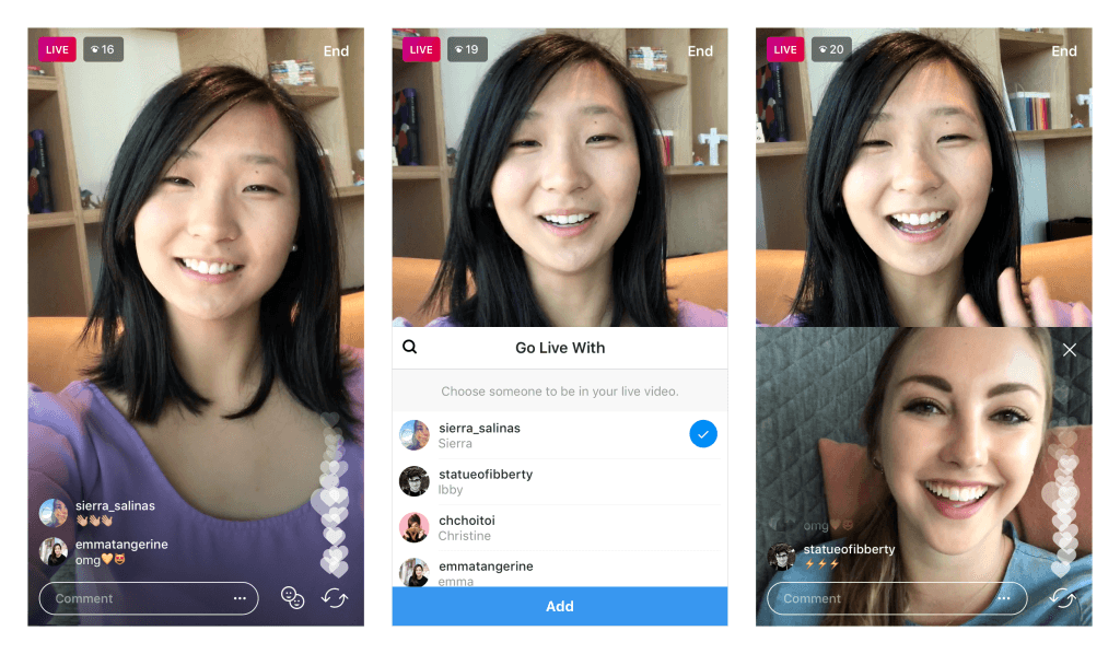 Instagram начал тестирование совместных прямых трансляций в приложении (live with 2 up en)