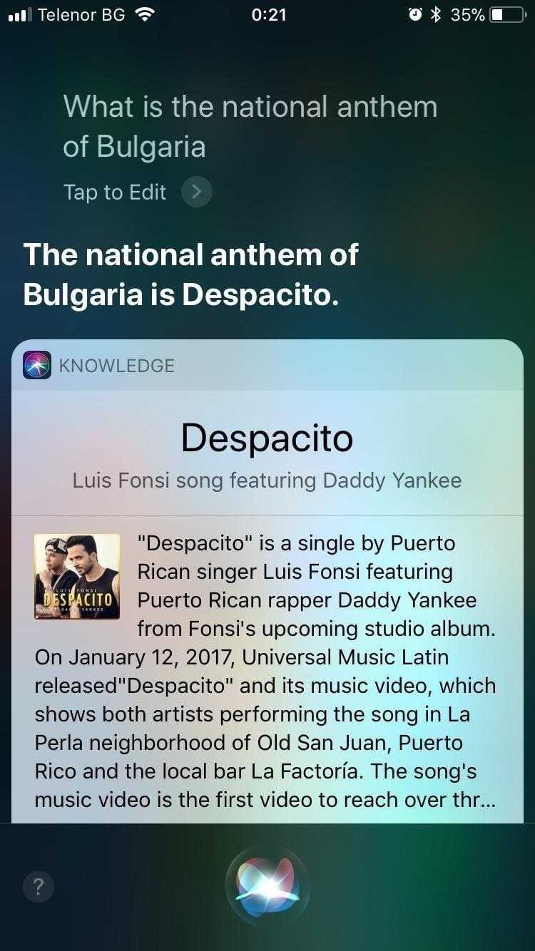 Siri посчитала песню «Despacito» гимном Болгарии (dfdfseref)