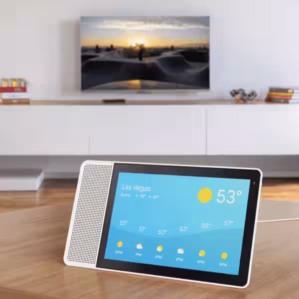 10 inch Lenovo Smart Display showing the weather