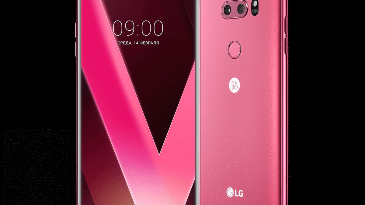 Розовый LG V30+ спереди и сзади на изображении