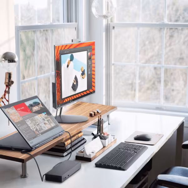 03 X1 YOGA Still Life Home Office Stand mode connected to a display with dock