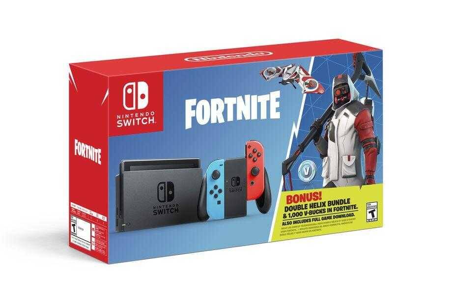 Коробка с консолью Nintendo Switch и контроллерами Fortnite