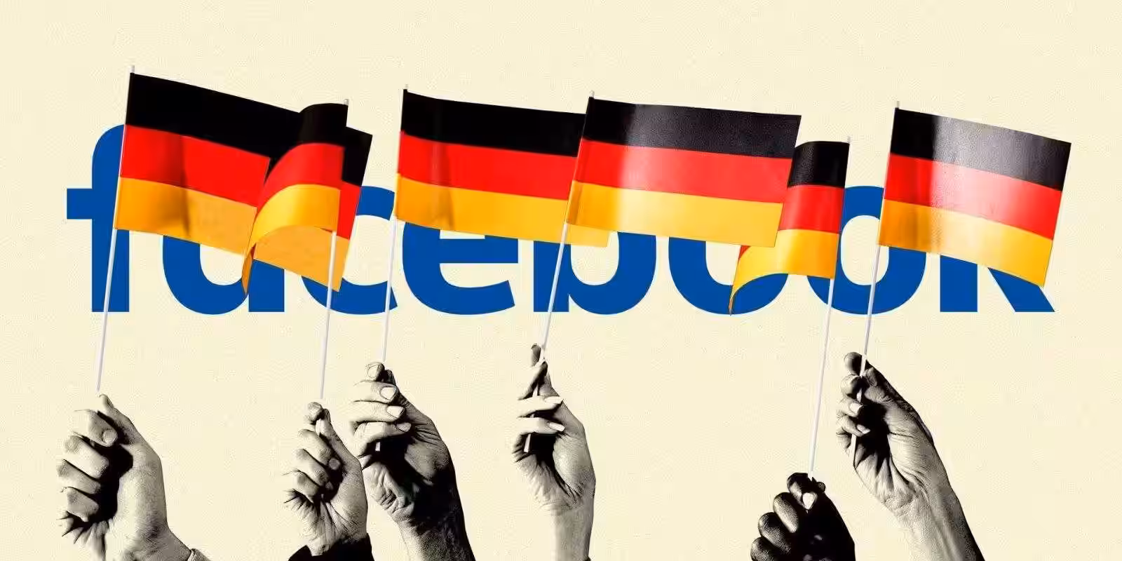 Руки держат флаги Германии на фоне текста Facebook