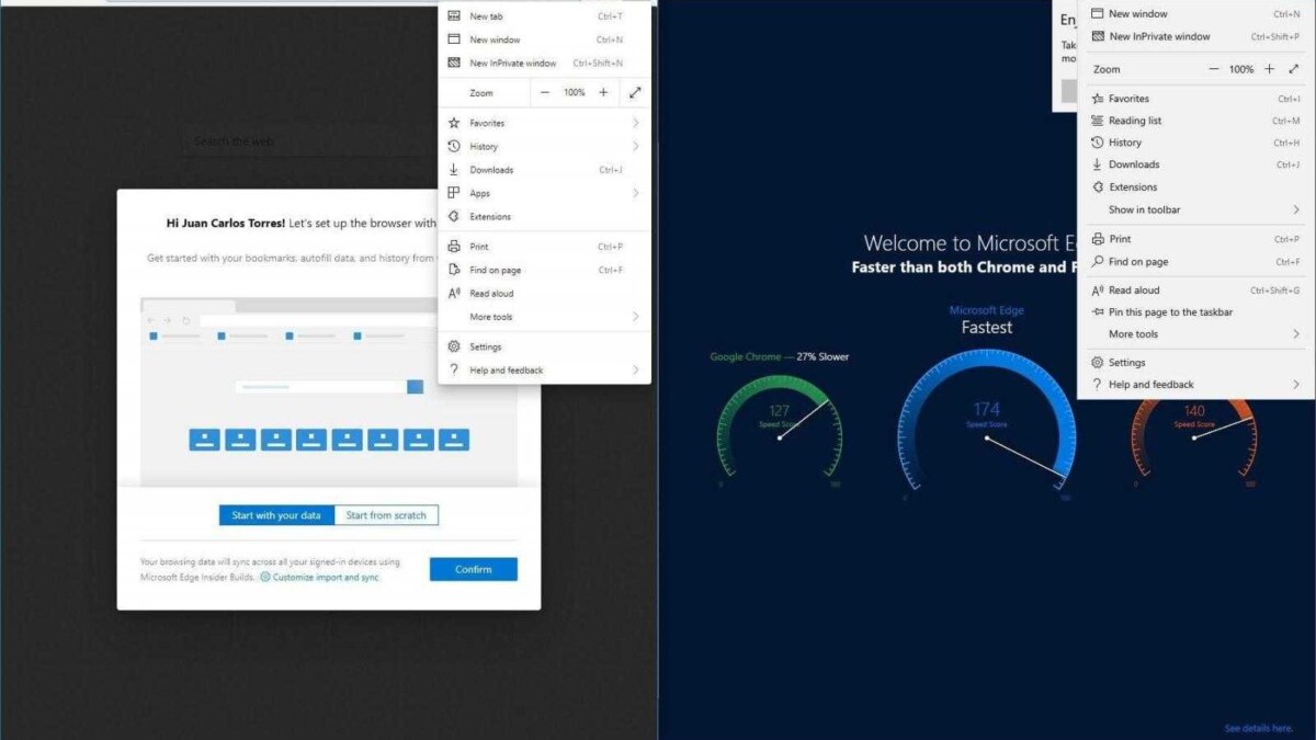 Настройка браузера Microsoft Edge на экране компьютера с двумя окнами интерфейса