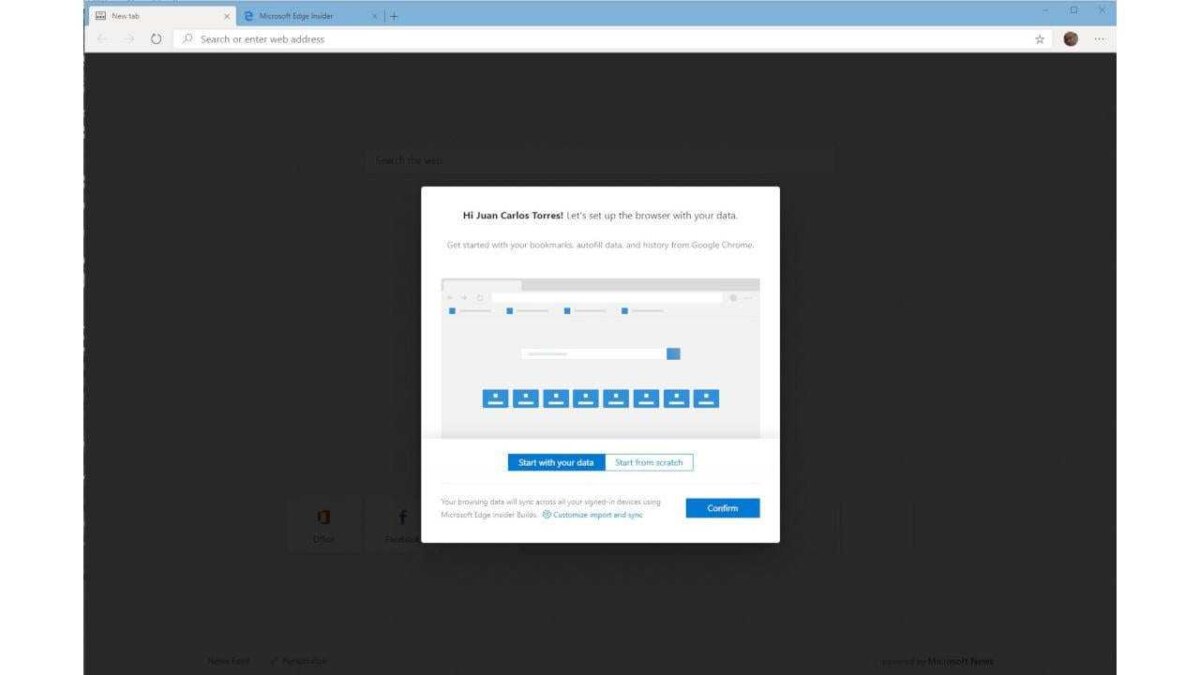 Интерфейс настройки браузера Microsoft Edge на базе Chromium в окне для входа в профиль