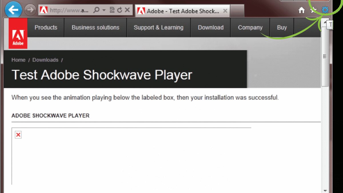 Экран браузера с открытой страницей загрузки Adobe Shockwave Player