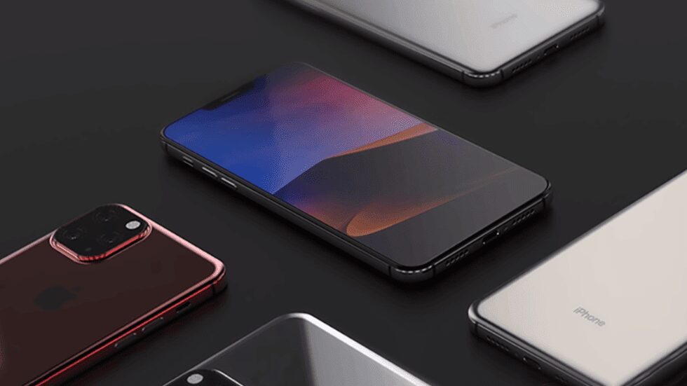 Различные модели iPhone 11 на черном фоне, вид с верхним наклоном
