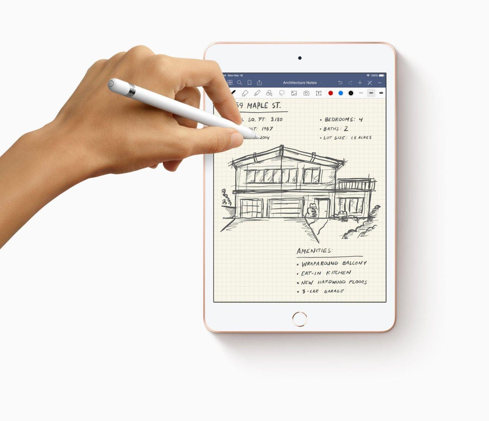 Apple неожиданно представила новый iPad Air и iPad mini c процессором A12 (new ipad mini apple pencil with hands drawing 03162019)