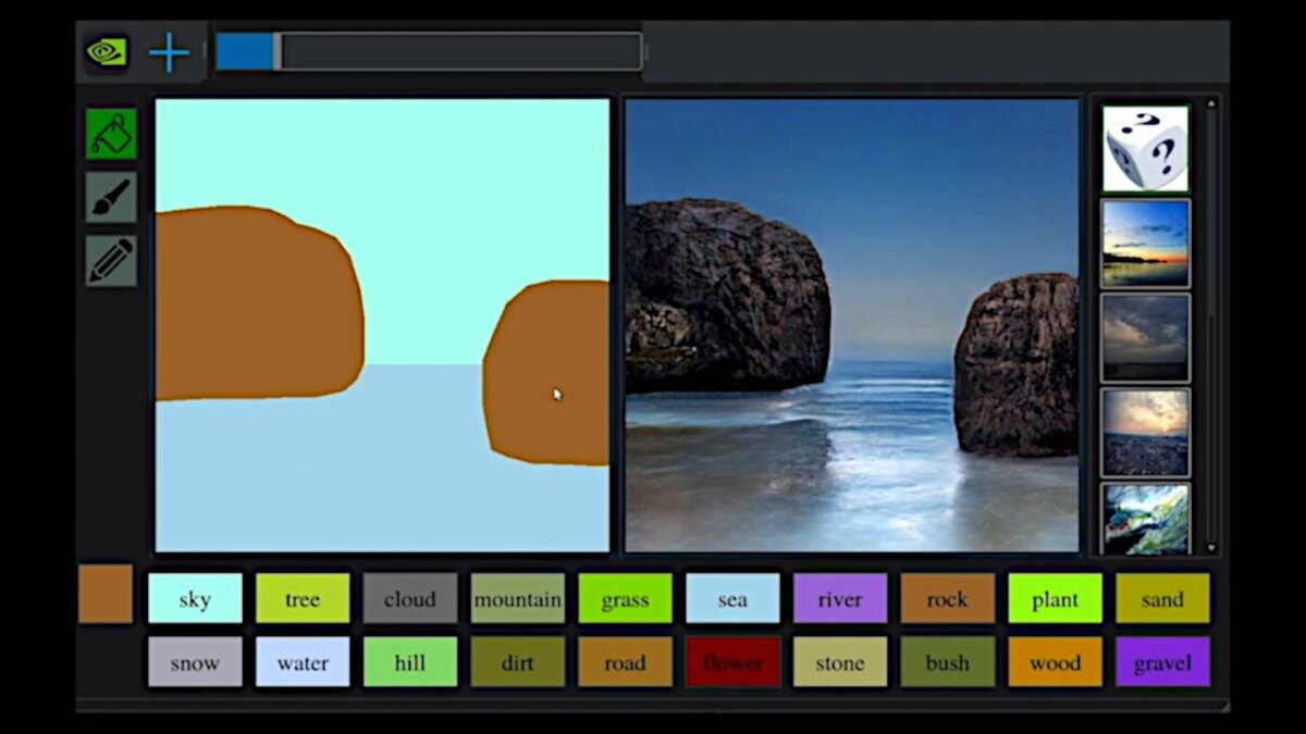 Интерфейс нейросети GauGAN для рисования и выбора изображений