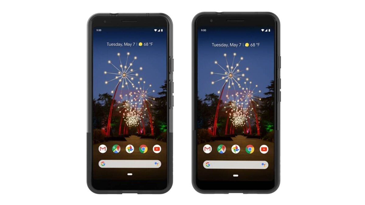 Два смартфона Google Pixel 3a и Pixel 3a XL на дисплее с изображением фейерверков