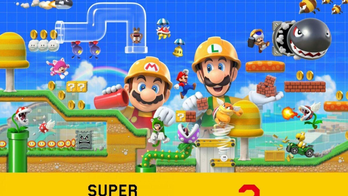 Обложка игры Super Mario Maker 2 на Nintendo Switch с персонажами и уровнем