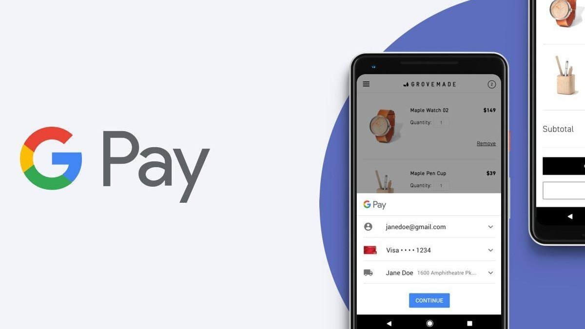 Экран смартфона с интерфейсом Google Pay и корзиной товаров
