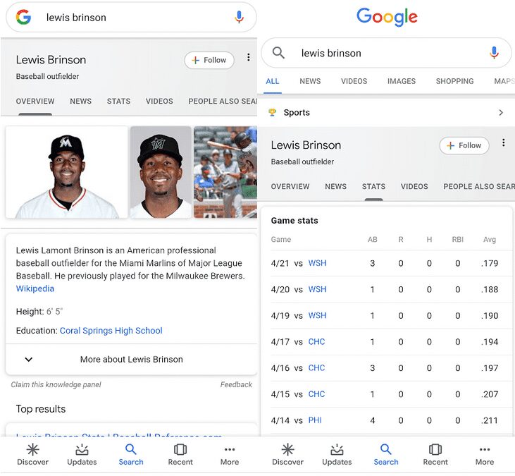 Google обновила карточки результатов поиска: Material Design, дополнительная информация и больше вкладок 7 new card for athletes includes a tab to see their latest stats