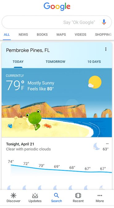Google обновила карточки результатов поиска: Material Design, дополнительная информация и больше вкладок 6 new weather card shows temperature graph on bottom
