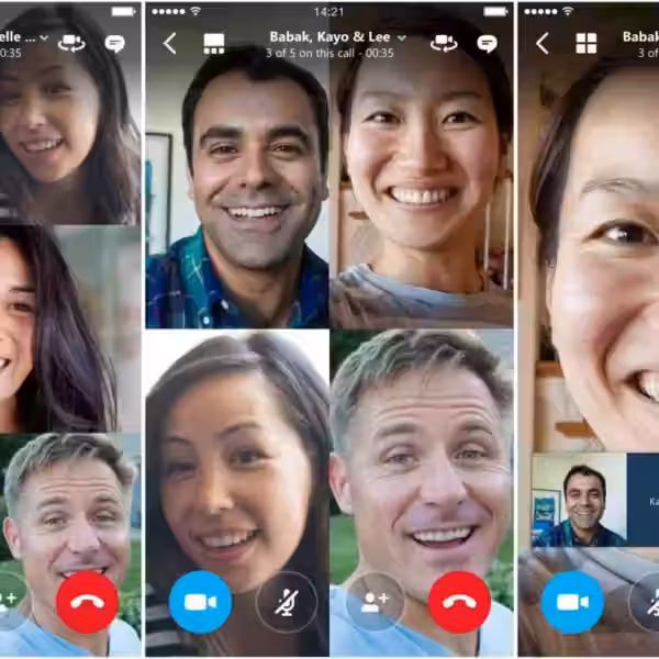 Скриншот видеозвонка в приложении Skype с пятью участниками