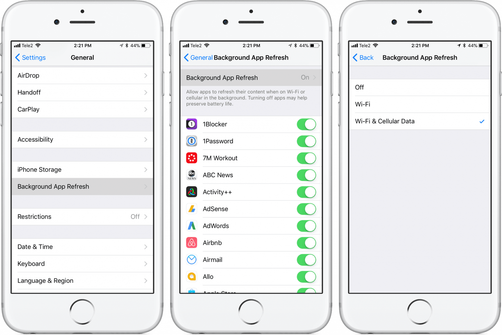 Приложения для iOS используют фоновое обновление для отправки данных третьим лицам (ios 11 settings general background app refresh)