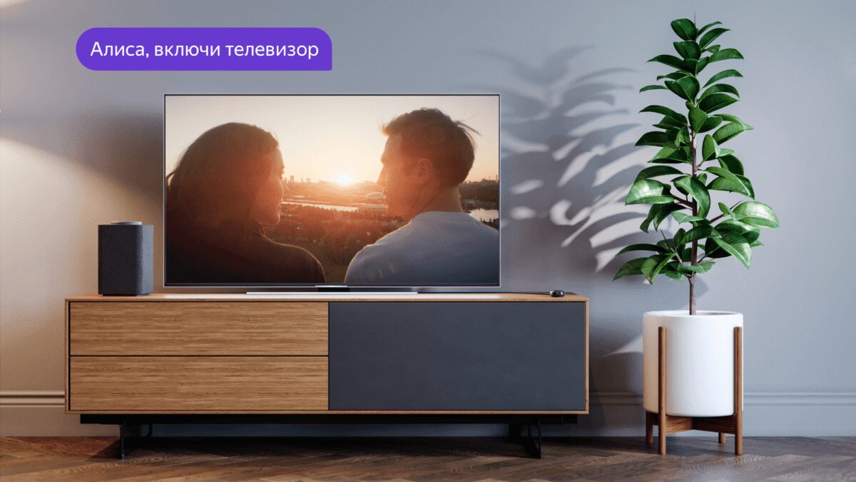 Телевизор с изображением пары на закате в гостиной