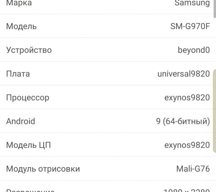 Экран смартфона Samsung Galaxy SM-G970F с информацией