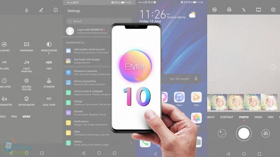 Экран смартфона Huawei с логотипом EMUI 10 и иконками настроек