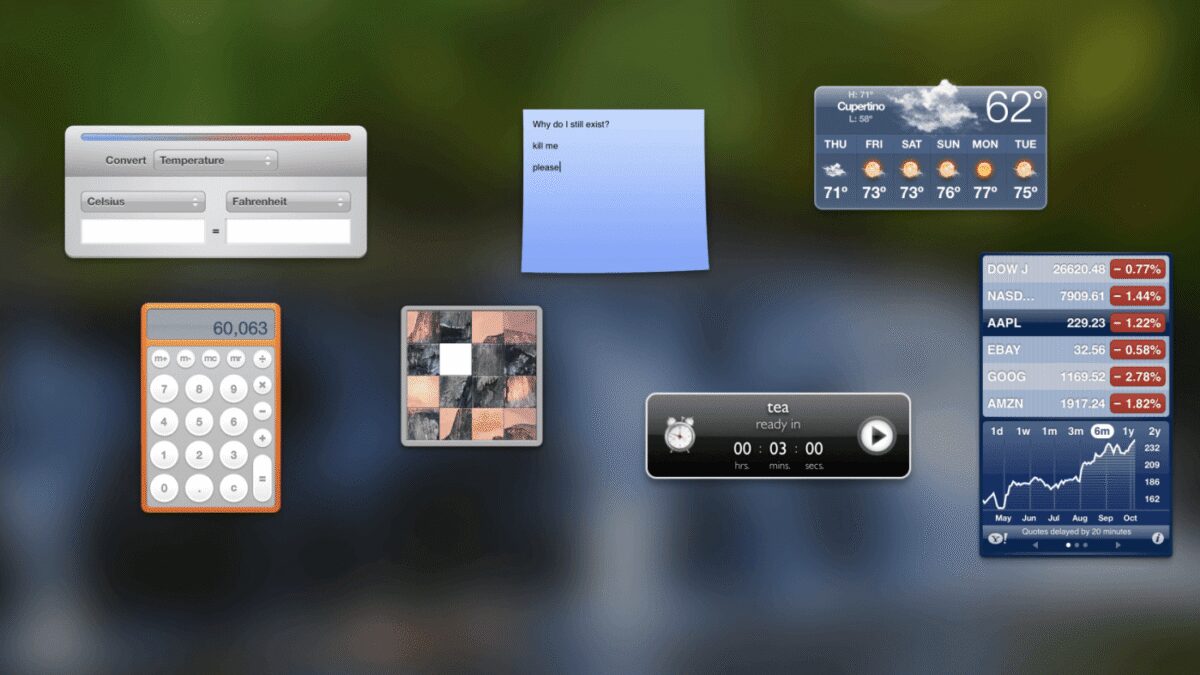 Экран с виджетами на macOS Catalina, панель Dashboard исчезла