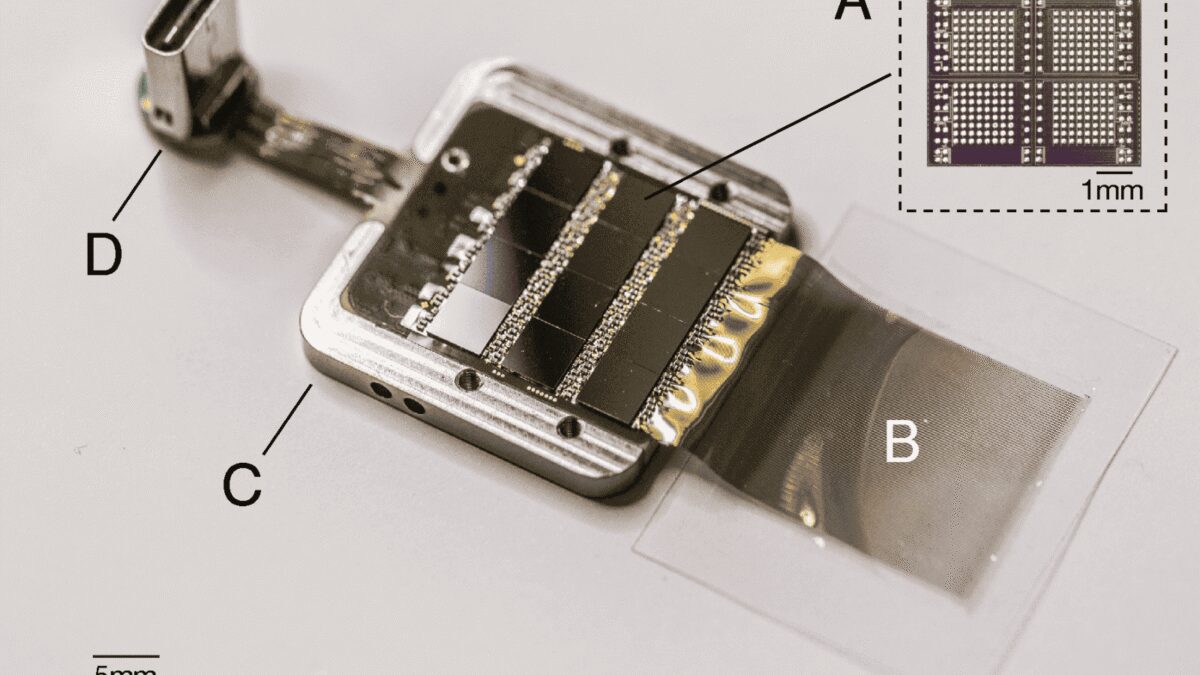 Микросхема Neuralink на плате с интерфейсом и разъемом D