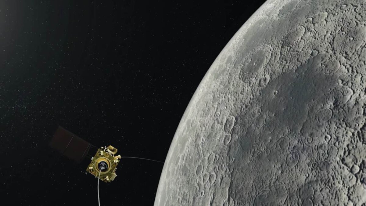 an illustration of chandrayaan 2 orbiter captured by the moons orbit isro