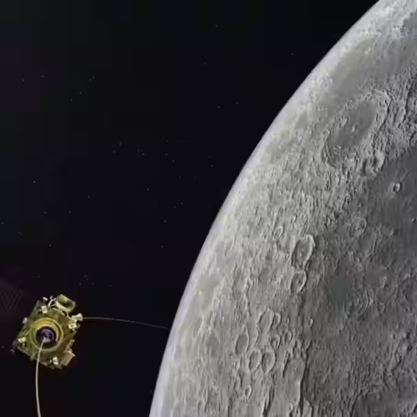 an illustration of chandrayaan 2 orbiter captured by the moons orbit isro