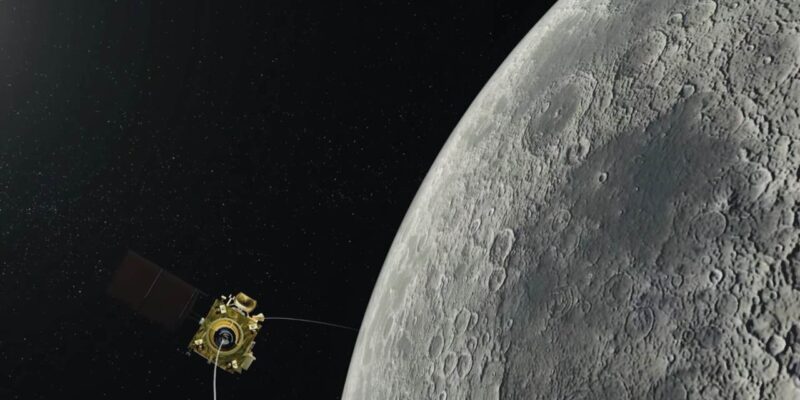 Индийский лунный модуль выходит на орбиту Луны для посадки (an illustration of chandrayaan 2 orbiter captured by the moons orbit isro)