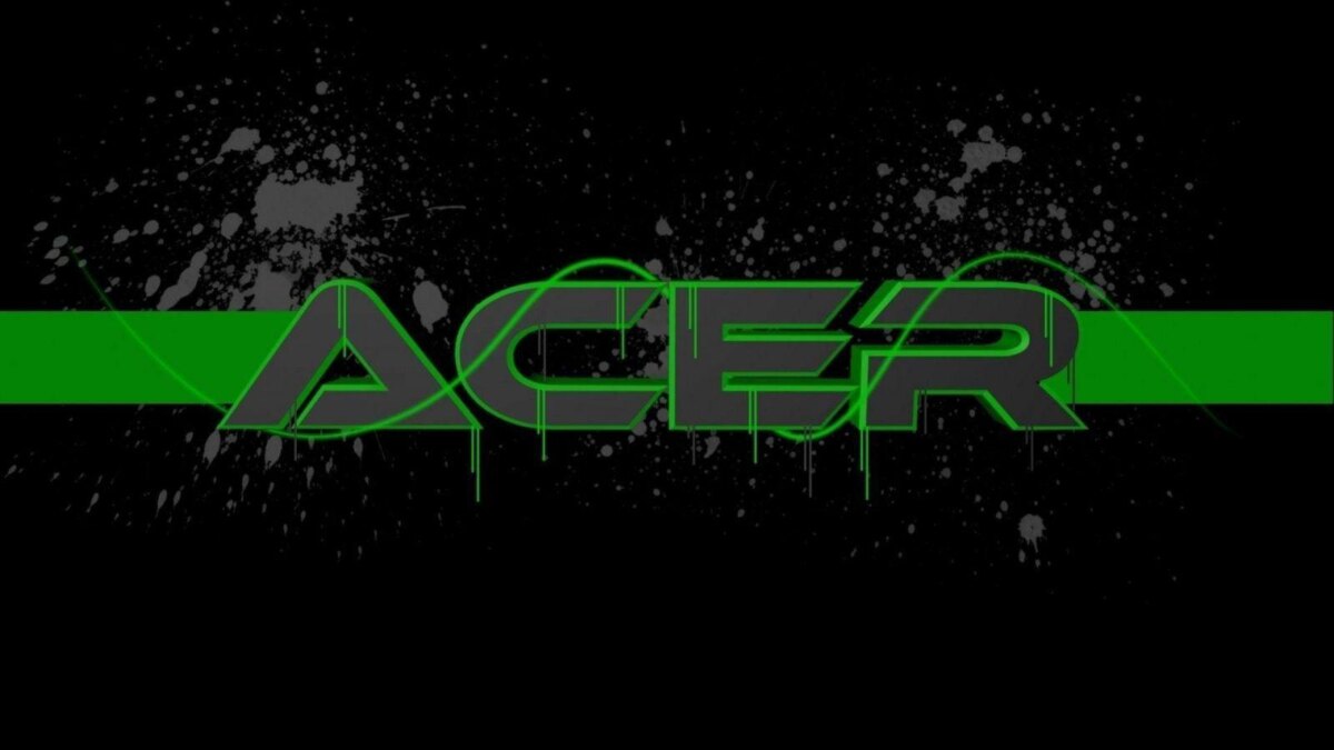 Логотип Acer на черном фоне с зеленой линией и графическими сплошными и спленчатыми элементами