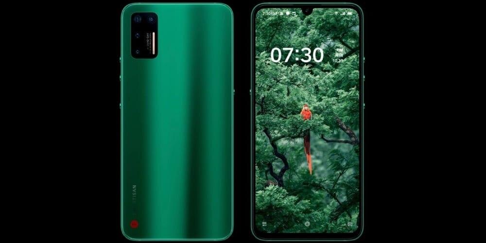 Зеленый смартфон с тремя камерами на задней панели