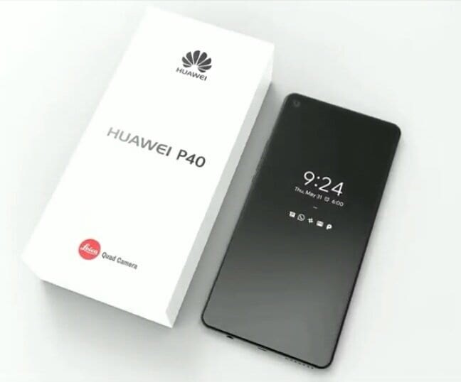 Коробка Huawei P40 и смартфон с дисплеем