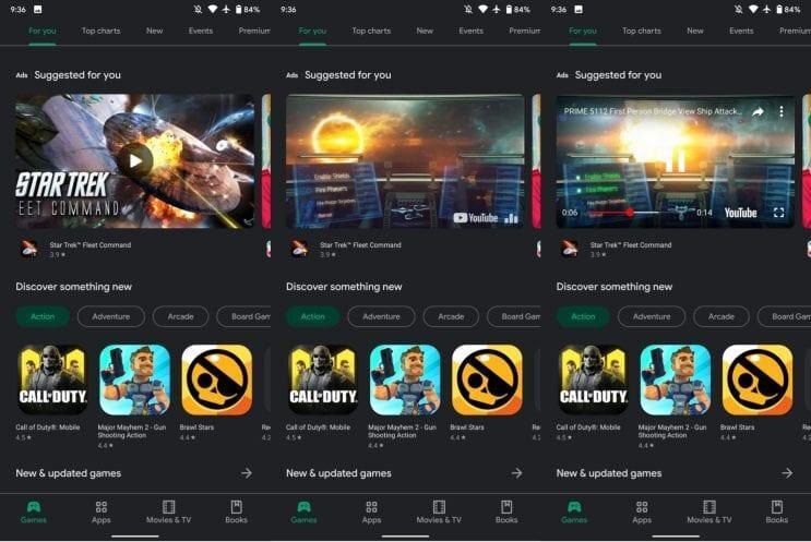Экран с рекомендациями игр и видео на Google Play Store