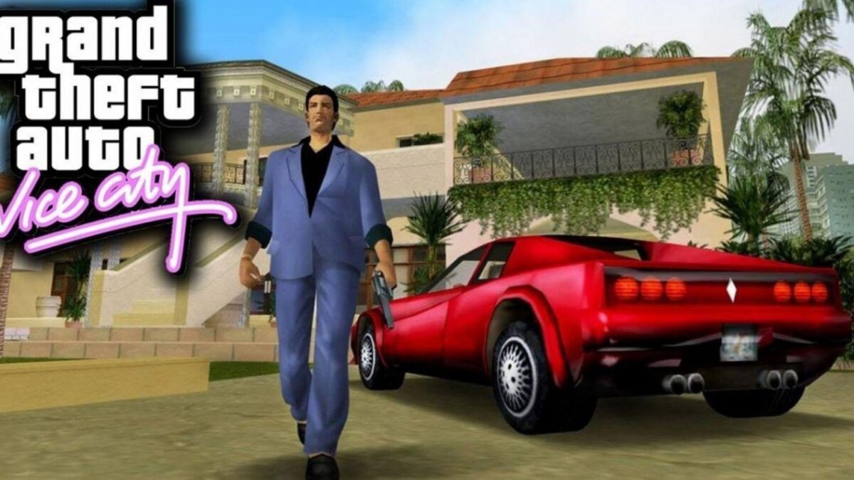 Обложка видеоигры Grand Theft Auto Vice City с персонажем и автомобилем
