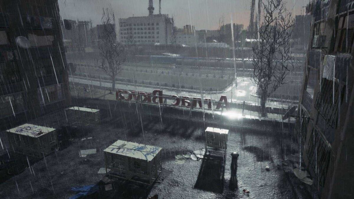 Вид изнутри разрушенной комнаты с граффити и окнами