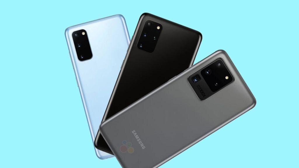 Samsung Galaxy S20 демонстрирует неутешительные продажи 5 Три смартфона Samsung Galaxy S20 сзади на голубом фоне