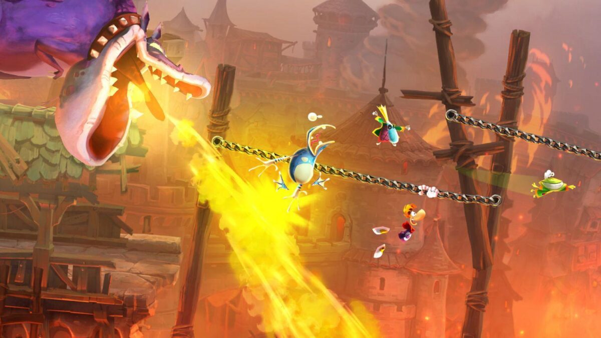Сцена из игры Rayman Legends на экране Nintendo Switch показывающая персонажей и окружение